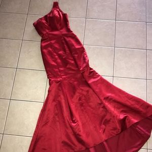 Red satin mermaid ball gown
